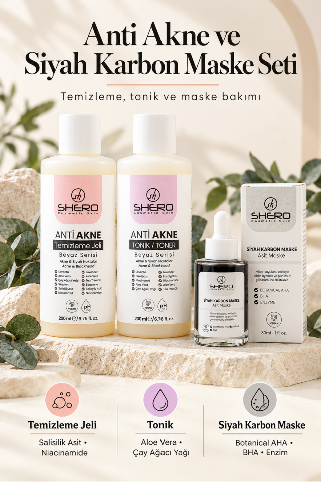 Shero 3'lü Anti Akne Bakım Seti | Temizleme, Tonik ve Maske
