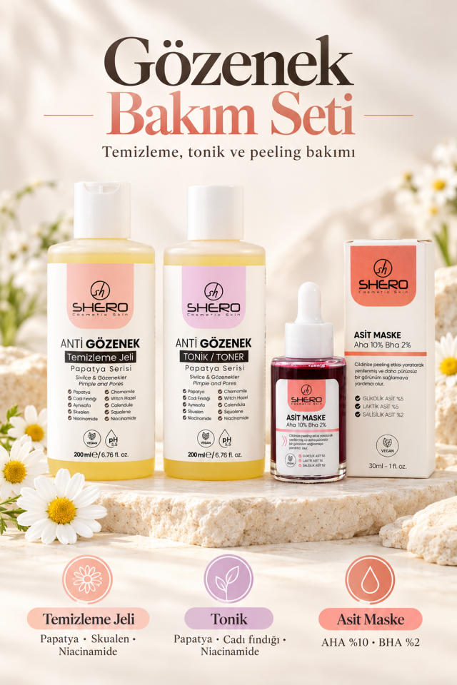 Shero 3'lü Anti Gözenek Bakım Seti | Tonik, Jel ve Asit Maske