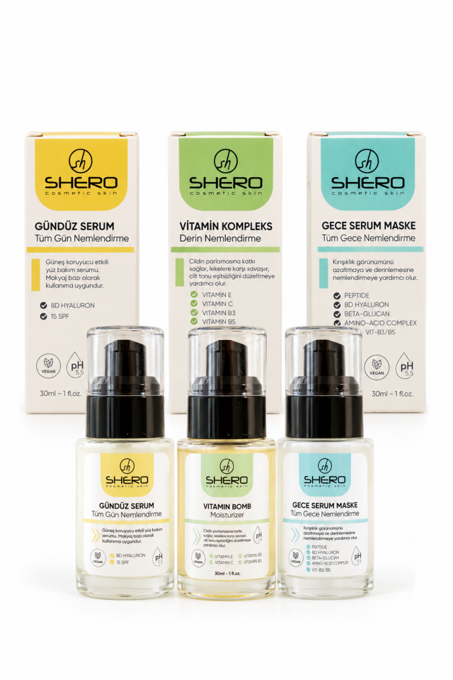 Günlük Cilt Bakım Rutini 3’lü Set Gündüz Serum + Vitamin Kompleks + Gece Serum Maske