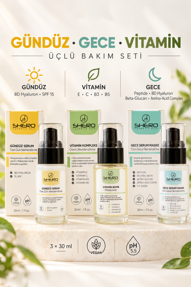 Günlük Cilt Bakım Rutini 3’lü Set Gündüz Serum + Vitamin Kompleks + Gece Serum Maske
