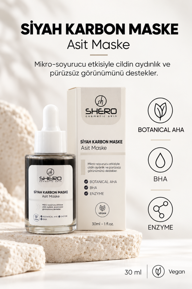 Shero Cosmetic Siyah Karbon Asit Maske 30 ml – AHA, BHA ve Enzim Bakımı